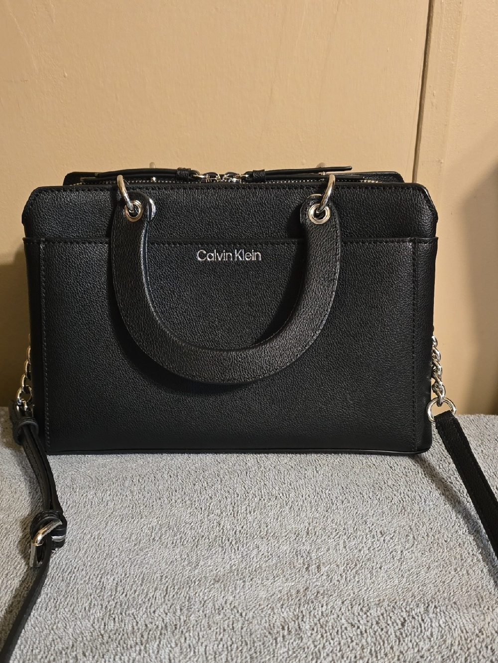 Calvin Klein Black Pebbled Leather Satchel with Chain Strap